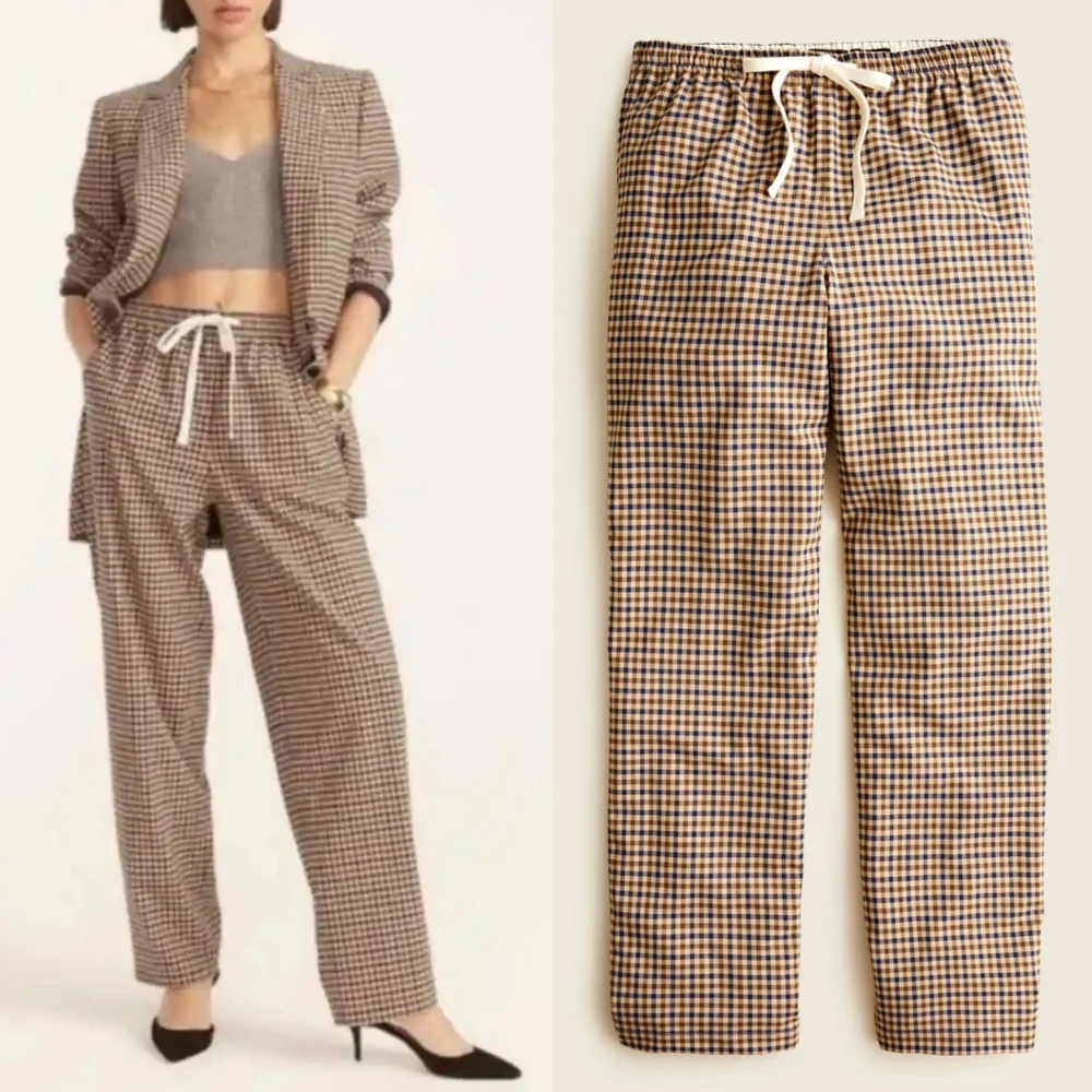 NEW J.Crew Tie Waist Straight Leg Pant In Honey Plaid Italian Wool